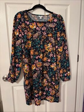 crown & ivy Black Long-Sleeve Floral Shift Dress with Pink & Yellow Flowers